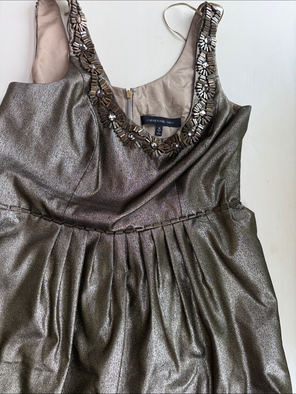 Carmen Marc Valvo Strapless Metallic Pewter Beaded Scoop Dress